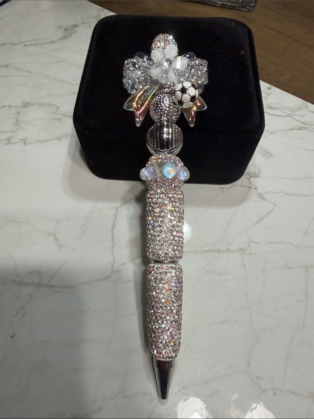 Crystal-Embellished Ballpoint Pen in White/Silver - Luxury Desk Accent